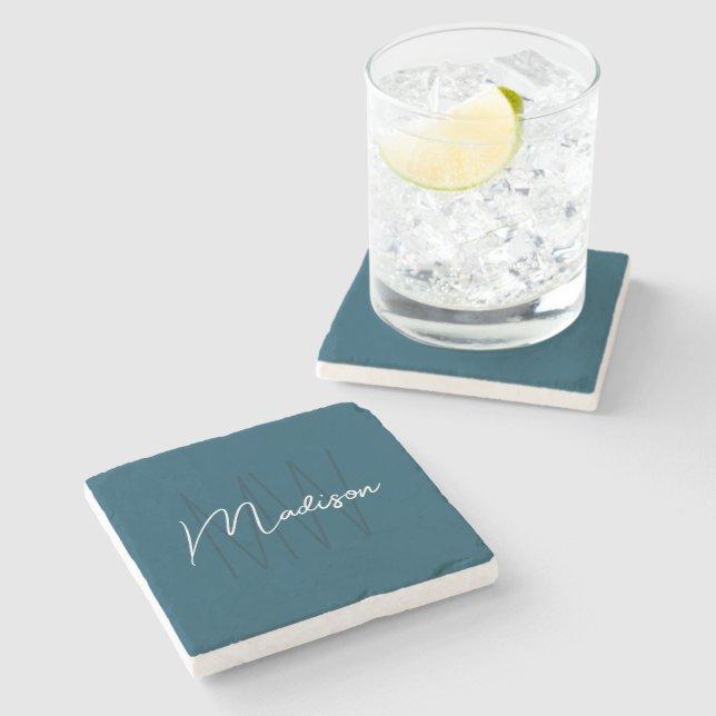 Modern Monogram Name Script Blue Stone Coaster (Side)