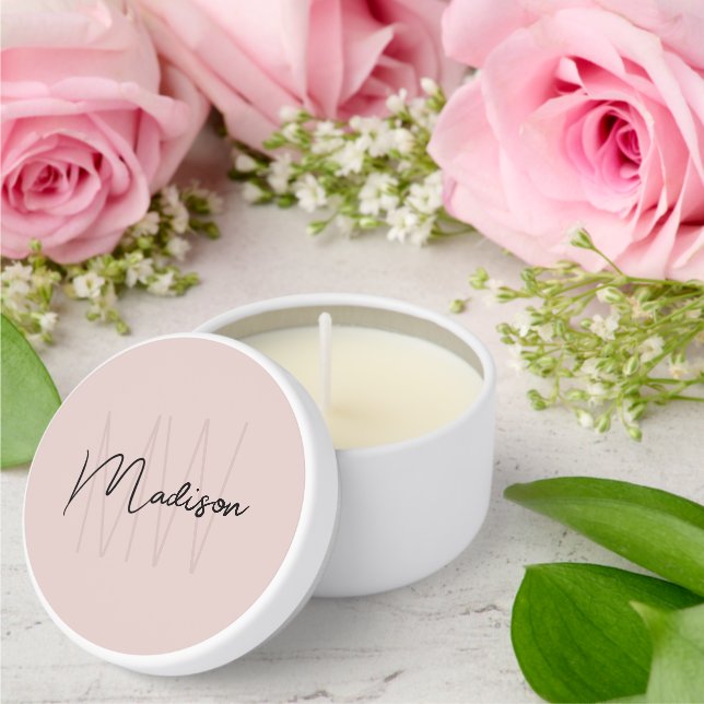 Modern Monogram Name Script Blush Pink Mini Candle Favors (Insitu (Wedding))