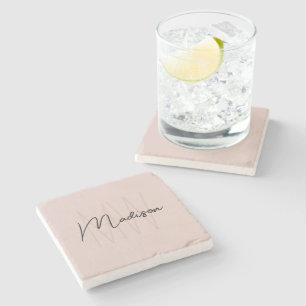 Modern Monogram Name Script Blush Pink Stone Coaster