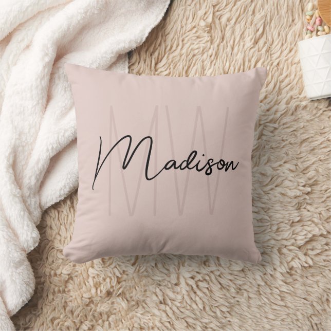 Modern Monogram Name Script Blush Pink Throw Pillow (Blanket)