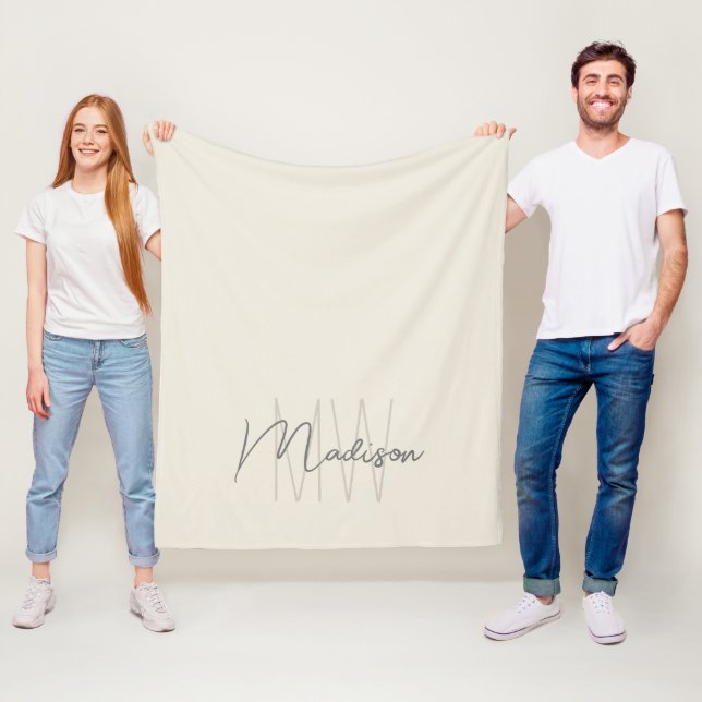 Modern Monogram Name Script Cream Fleece Blanket (In Situ)
