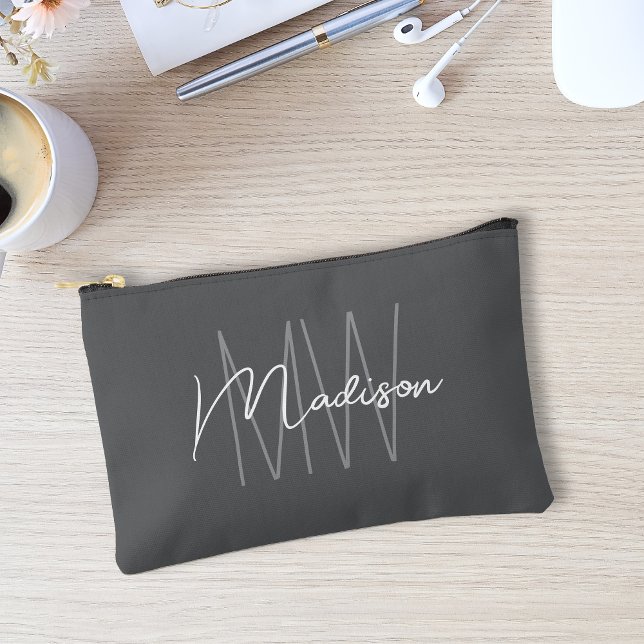 Modern Monogram Name Script Gray Accessory Pouch (Modern Monogram Name Script Gray Accessory Pouch)