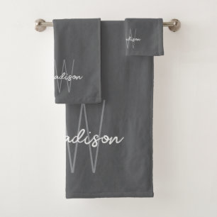 Modern Monogram Name Script Gray Bath Towel Set