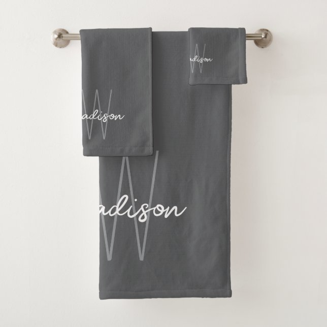 Modern Monogram Name Script Gray Bath Towel Set (Insitu)