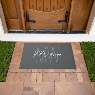 Modern Monogram Name Script Gray Doormat