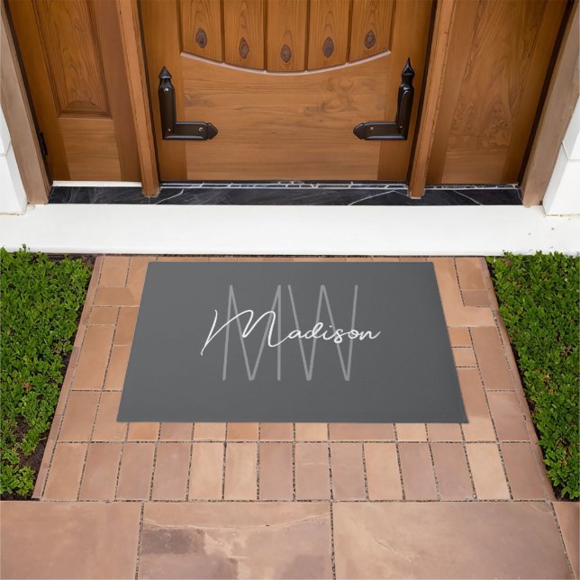 Modern Monogram Name Script Gray Doormat (Outdoor)