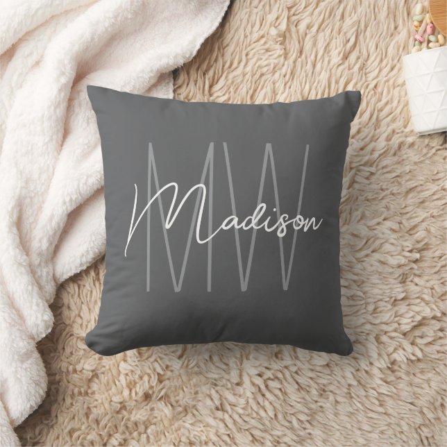 Modern Monogram Name Script Gray Throw Pillow (Blanket)