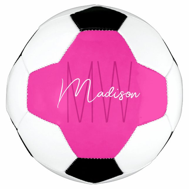 Modern Monogram Name Script Pink Soccer Ball (Front)