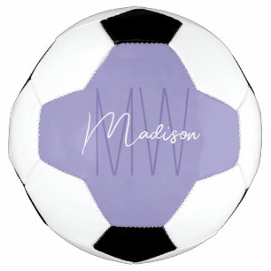 Modern Monogram Name Script Purple Soccer Ball