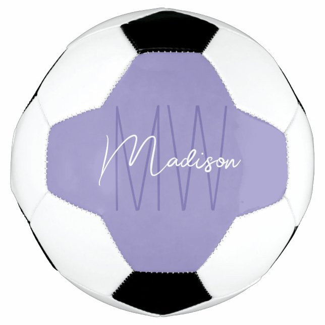 Modern Monogram Name Script Purple Soccer Ball (Front)