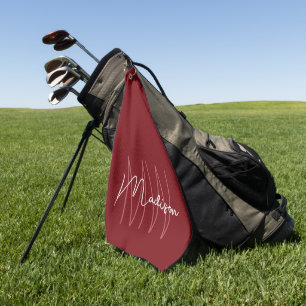 Modern Monogram Name Script Red Golf Towel