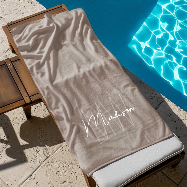 Modern Monogram Name Script Taupe Beach Towel (Modern Monogram Name Script Taupe Beach Towel)
