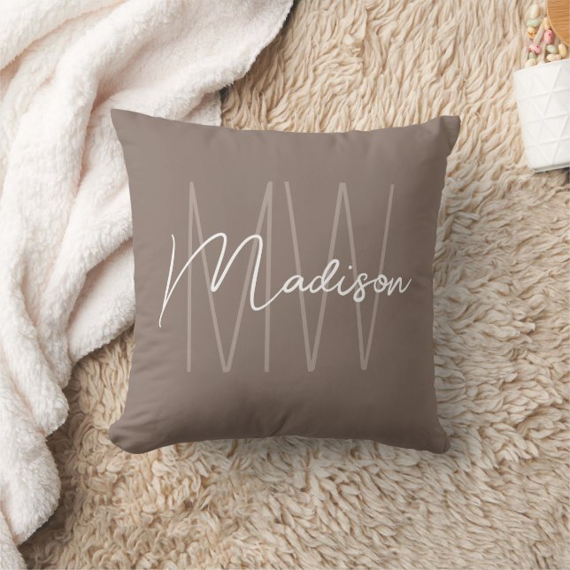 Modern Monogram Name Script Taupe Throw Pillow (Blanket)
