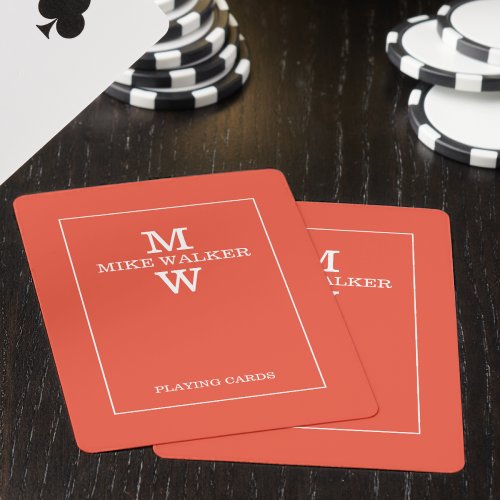 Modern Monogram Name Simple Warm Red Poker Cards