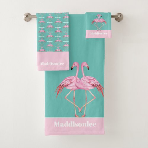 Modern Monogram Name Teal Pink Flamingo  Bath Towel Set