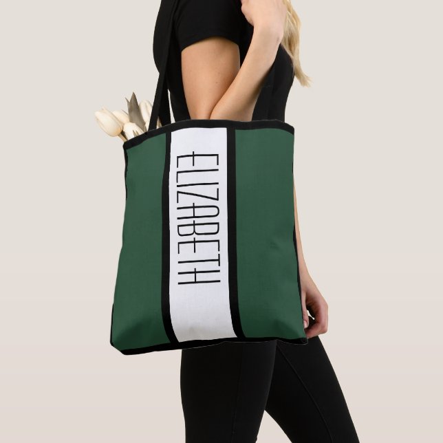 Modern Monogram Name Trendy Green Black White Tote Bag (Close Up)