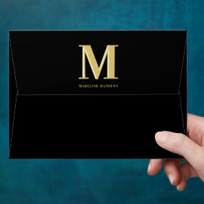 Modern monogram name typography gold black envelope