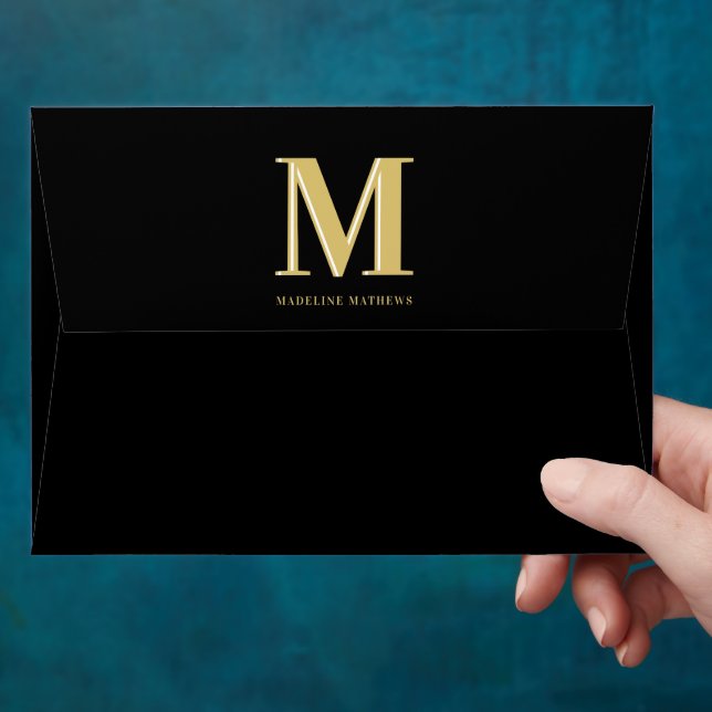 Modern monogram name typography gold black envelope (Hand)