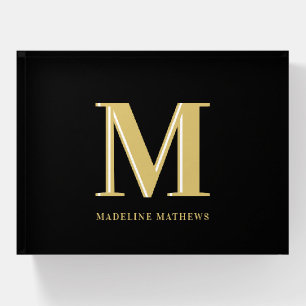 Modern monogram name typography gold black paperweight