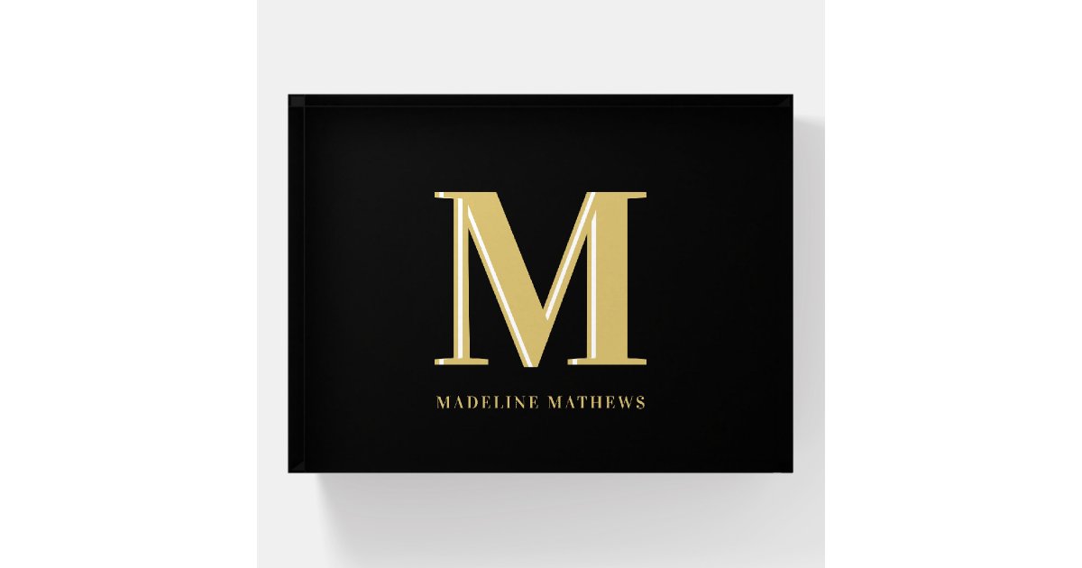 Typography Paperweight Modern monogram name typography gold black paperweight | Zazzle