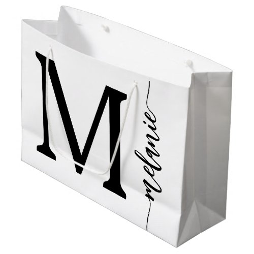 Modern Monogram Name White Black Script   Large Gift Bag
