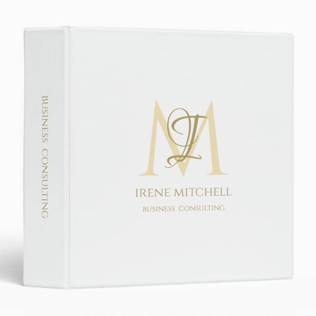 Modern Monogram Name White Gold 3 Ring Binder (Front/Spine)