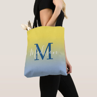 Modern Monogram Name Yellow to Light Blue Gradient Tote Bag