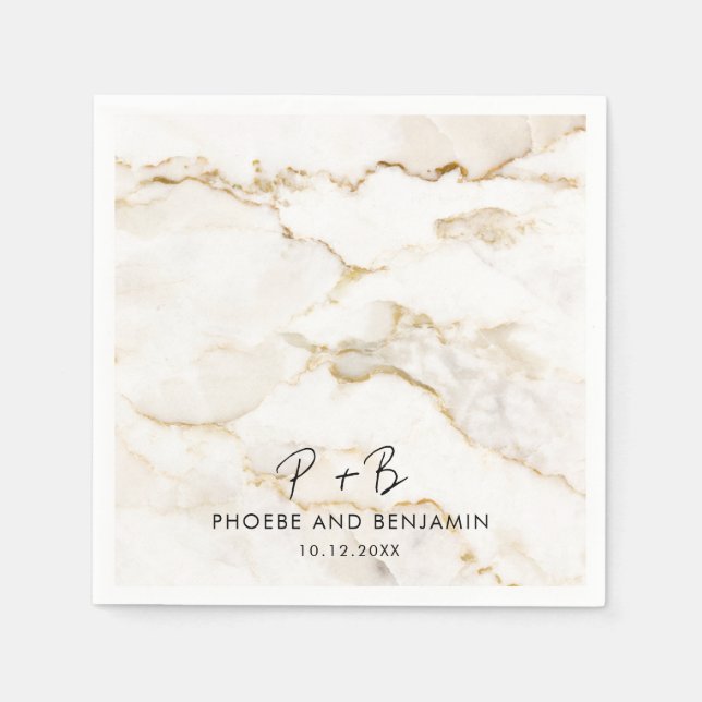 Modern Monogram Names Gold Marble Wedding Paper Napkins (Front)