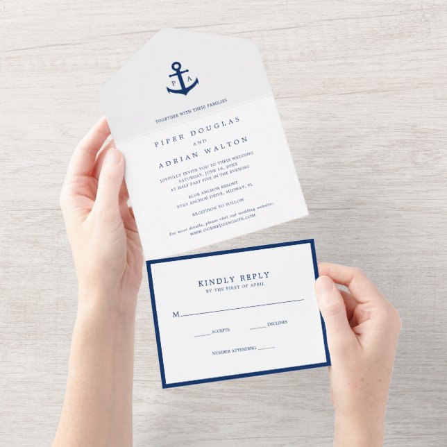 Modern Monogram Nautical Anchor Elegant Wedding All In One Invitation (Tearaway)