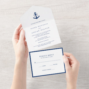 Modern Monogram Nautical Anchor Elegant Wedding All In One Invitation