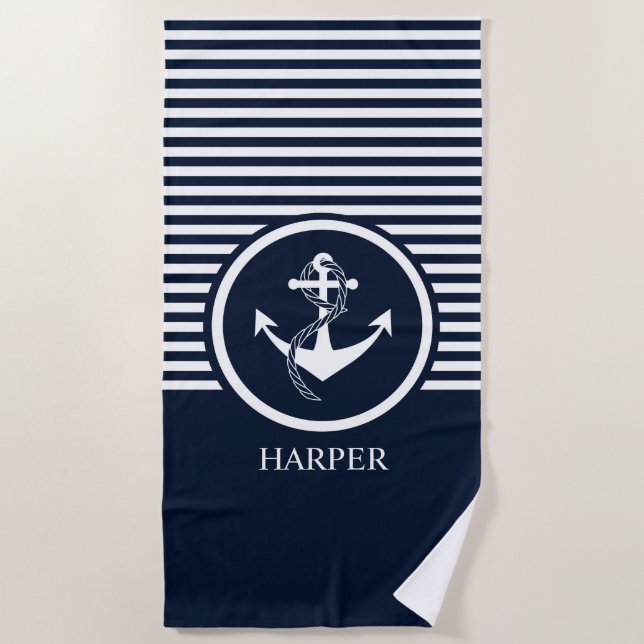 MODERN MONOGRAM NAUTICAL NAVY AND WHITE STRIPED BEACH TOWEL (Front)