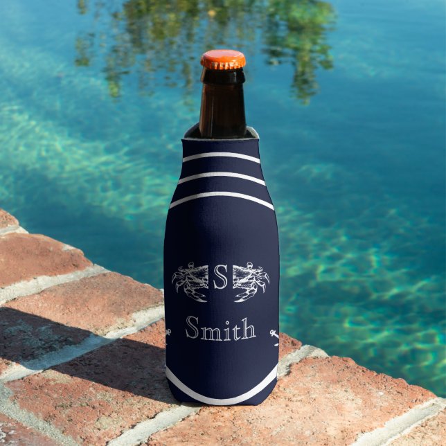 Modern Monogram Nautical Navy Blue White Crab Bottle Cooler (In Situ Pool)