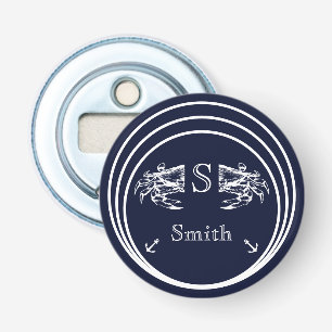 Modern Monogram Nautical Navy Blue White Crab Bottle Opener