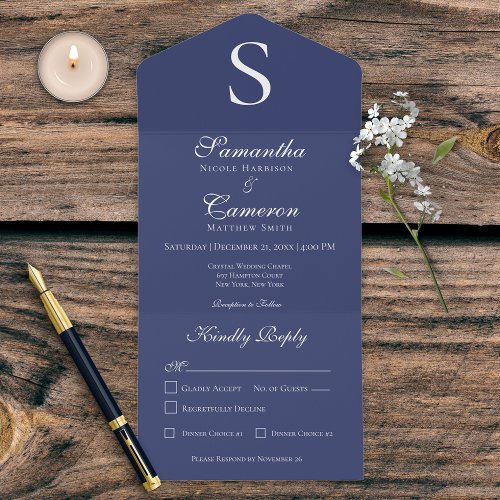 Modern Monogram Navy Blue Dinner All In One Invitation