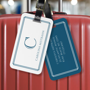 Modern Monogram Navy Blue Double Border Luggage Tag