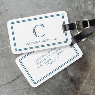 Modern Monogram Navy Blue Double Border Luggage Tag