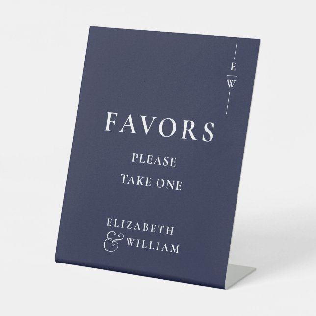 Modern Monogram Navy Blue Favors Wedding Pedestal Sign (Front)