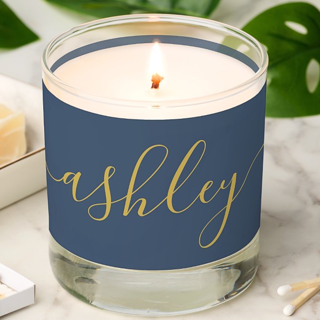 Modern Monogram Navy Blue Gold Elegant Script Name Scented Candle (Creator Uploaded)