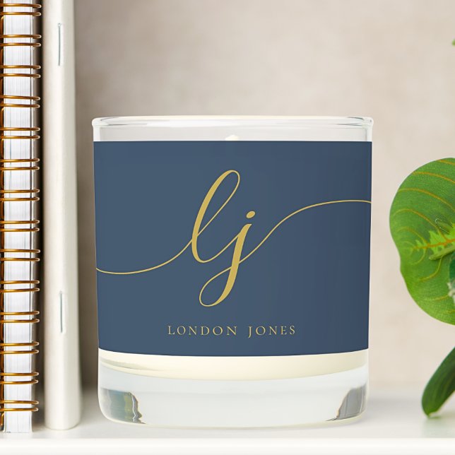 Modern Monogram Navy Blue Gold Script Initials Scented Candle (Creator Uploaded)