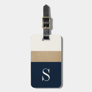 Modern Monogram Navy Blue Gold Striped Luggage Tag