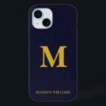 Modern Monogram Navy Blue Gold Stylish Minimalist iPhone 15 Case<br><div class="desc">personalized iphone case custom gift, personalized name case Christmas gift, custom name birthday present girl, custom phone case with name, bridesmaid gift present for daughter, wife Christmas present dark navy blue and gold, present for friend iphone case, customized phone case girlfriend fiancee, friend gift maid of honor, personalized matron of...</div>