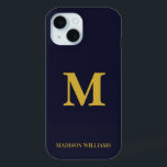 Modern Monogram Navy Blue Gold Stylish Minimalist iPhone 15 Case<br><div class="desc">personalized iphone case custom gift, personalized name case Christmas gift, custom name birthday present girl, custom phone case with name, bridesmaid gift present for daughter, wife Christmas present dark navy blue and gold, present for friend iphone case, customized phone case girlfriend fiancee, friend gift maid of honor, personalized matron of...</div>