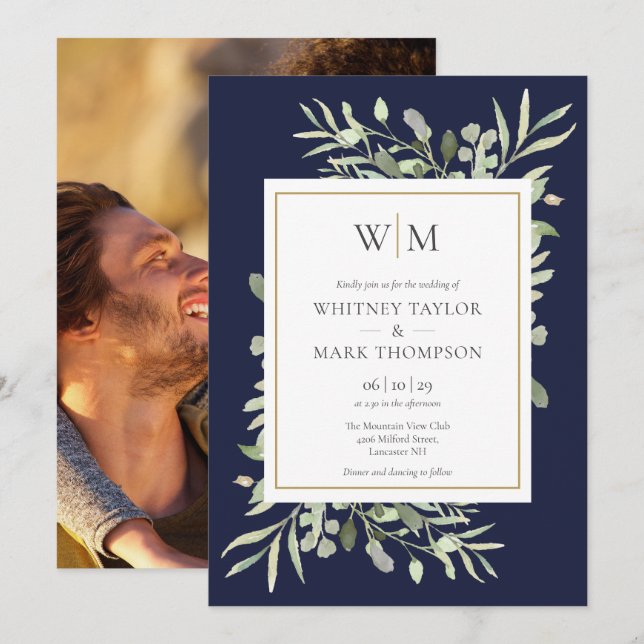 Modern Monogram Navy Blue Greenery Photo Wedding Invitation (Front/Back)