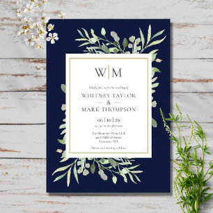 Modern Monogram Navy Blue Greenery Wedding Invitation
