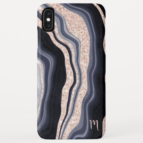 Modern monogram navy blue rose gold agate marble iPhone XS max case