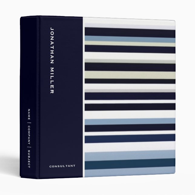 Modern Monogram Navy Blue Stripe Office School 3 Ring Binder (Front/Spine)