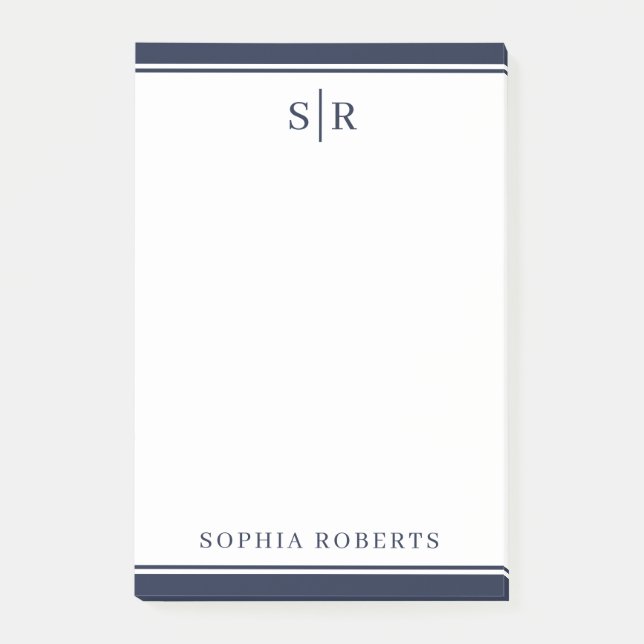 Modern Monogram Navy Blue White Custom Name Post-it Notes (Front)