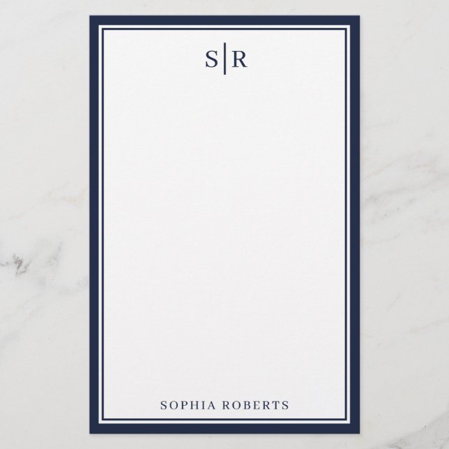 Modern Monogram Navy Blue White Custom Name Stationery (Front)