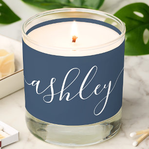 Modern Monogram Navy Blue White Elegant Script Scented Candle