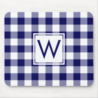 Modern Monogram Navy Blue & White Gingham Pattern Mouse Pad